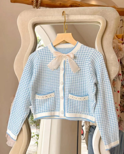 Winter Warm Checker Cardigan With Bow